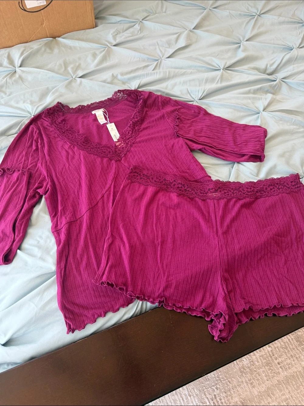 Women’s Lace-Trim Ribbed Sleep Set - Berry